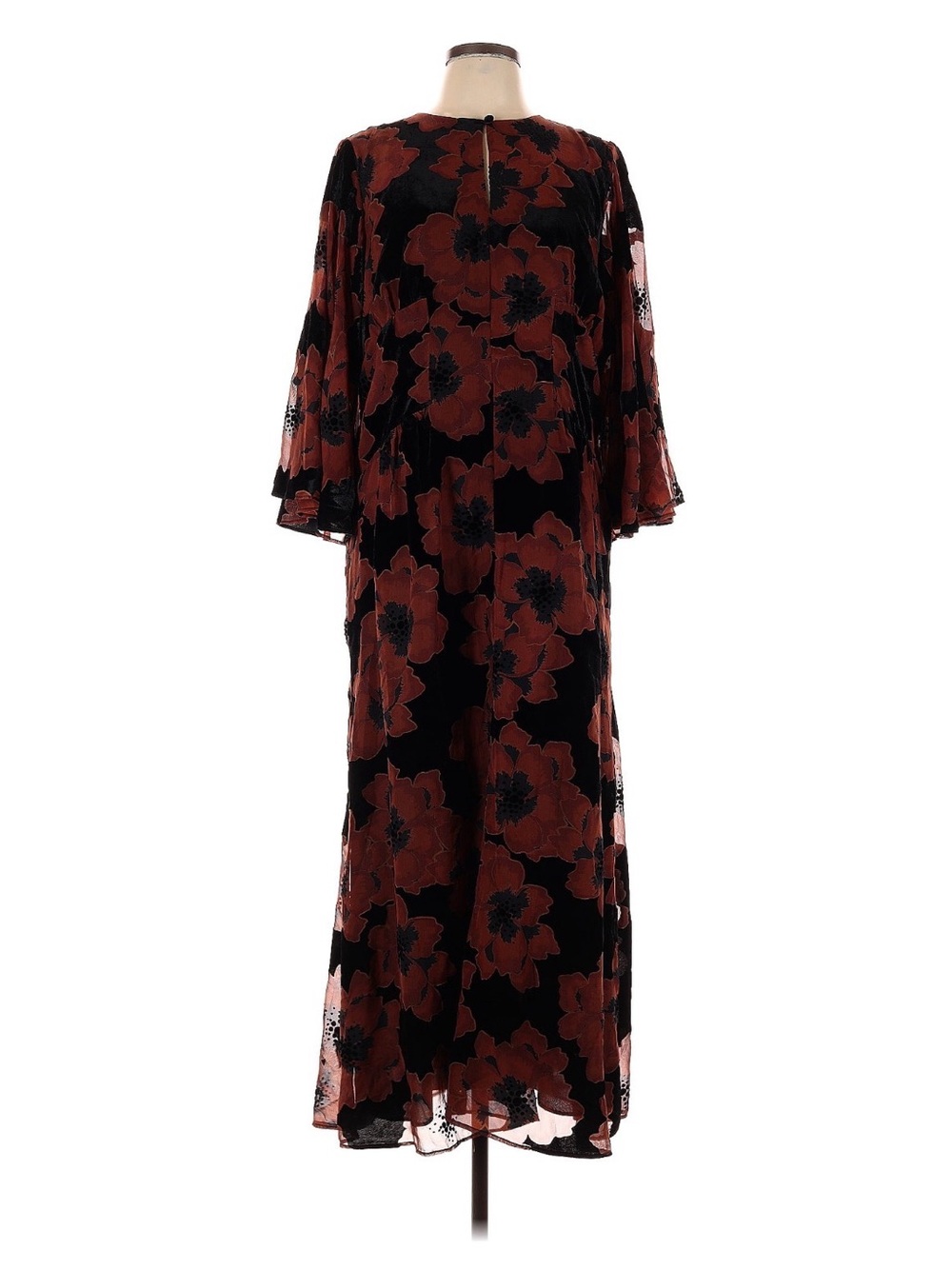 Anthropologie Black Maxi Dress with Rust Floral Velvet Overlay